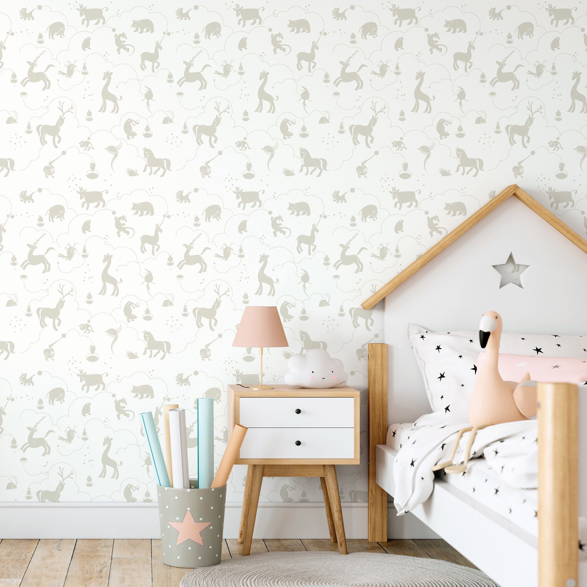 H0048-2 PAPEL PINTADO INFANTIL ANIMALES "JARDÍN DE LAS DELICIAS" GRIS/BEIGE - Imagen 2